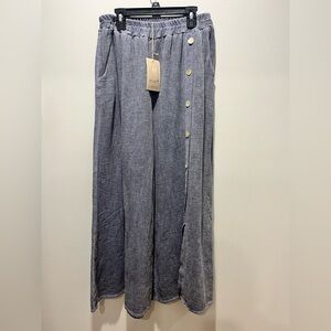 NWT One Size Blue WASHED WIDE‎ LEG SIDE BUTTON TROUSERS,Elastic Waist